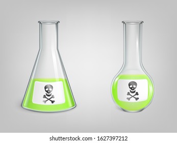 Flasks with poison and skull with bones danger sign on label set. Magic potion, chemical green toxic liquid in lab spherical and conical beakers with Jolly Roger icon. Realistic 3d vector illustration