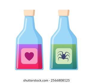 Flasks with potions. Magic bottles for witchcraft, elixir, love potion poison and antidote. Vector