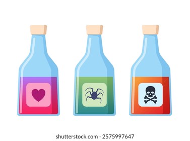 Flasks with potions. Magic bottles for witchcraft, elixir, love potion poison and antidote. Vector