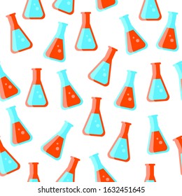 Flasks seamless pattern. Repetitive vector illustration of red and blue flasks on transparent background. EPS 10.