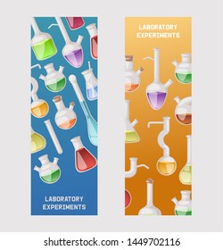 Flasks set of banners vector illustration. Different laboratory glassware and liquid for analysis, test tubes with orange, yellow and red liquid. Chemical and biological experiments.