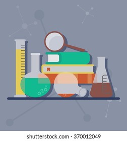 Flasks and test tubes on a blue molecular background. Books and loupe. Equipment for chemical laboratories. Cartoon flat vector illustration.