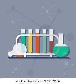 Flasks and test tubes on a blue molecular background. Equipment for chemical laboratories.Cartoon flat vector illustration.
