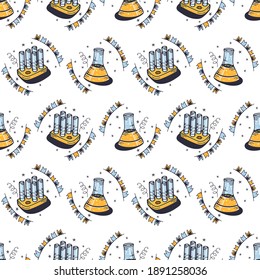Flasks and test tubes. Seamless pattern on a white background. Cute vector illustration.