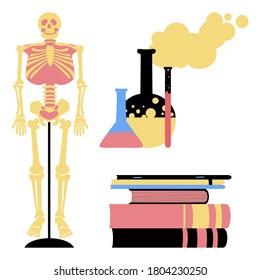 Máscaras y tubos de ensayo con sustancias y reactivos. Un montón de libros y modelo de esqueleto. Un conjunto. Vector. Caricatura plana.