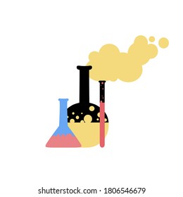Flasks and test tubes with substances and reagents. Medicine concept clipatrs. Vector illustration. Cartoon flat style.