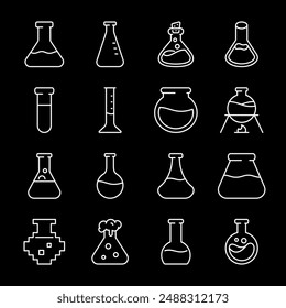 Flasks, white line icons. Laboratory flasks of various shapes. Essential for scientific and educational themes. Symbols on black background. Editable stroke.