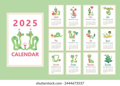 Flat 2025 calendar template snake character. Year of the Snake