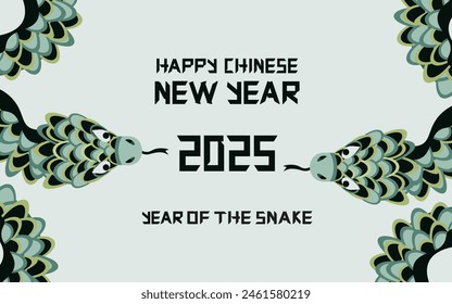 Flat 2025 Chinese New Year banner design. Asian holiday Poster Template with Typography and green Zodiac Luna Snake. Vector for Web and Social Media