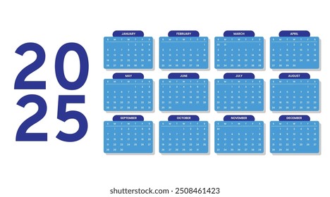 Flat 2025 colorful calendar template, perfect for office, company, school, social media, advertising, printing and more