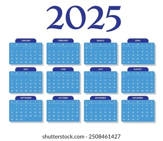 Flat 2025 colorful calendar template, perfect for office, company, school, social media, advertising, printing and more