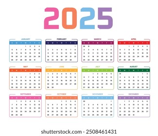 Flat 2025 colorful calendar template, perfect for office, company, school, social media, advertising, printing and more