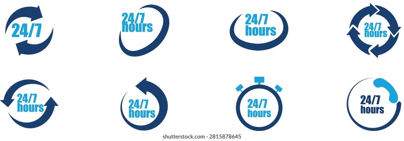 Flat 24 service icon set collection with round the clock availability, customer support, nonstop business operation,