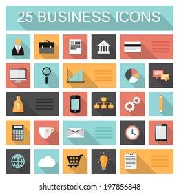 Flat 25 business and marketing web icons set with long shadows 