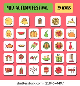 Flat 29 Mid Autumn Festival Square Icon Set Over Pink Background.