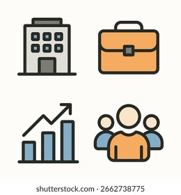 Flaches 2D-Geschäftssymbol mit Office-, Aktenkoffer-, Diagramm- und Teamwork-Elementen