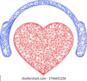  Cáscaras planas 2d creadas a partir de un pictograma romántico de DJ de corazón. Resumen de malla de marco de malla de corazón romántico poligonal DJ. Malla 2D de la canal de cables en formato vectorial,