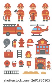Cartoon 2d plano bombeiros, veículos, ferramentas e chamas em estilo vetorial em negrito. Educacional, heroica e temática de segurança. Ideal para materiais para crianças, cartazes e visuais de conscientização de emergência.