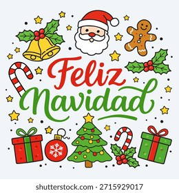 Flache 2D Weihnachtsgrußkarte mit "Feliz Navidad" Schriftzug. Reinigen Sie Vektorgrafiken in flachen Farben, indem Sie nur Füllung und Strich verwenden, keine Farbverläufe. Festliche Urlaubselemente wie Weihnachtsmann Gesicht, Weihnachtsbaum, Geschenke, Bonbons, heilige Blätter, Sterne und Lebkuchen Keks. Einfaches, niedliches und modernes Design, perfekt für Urlaubskarten, Poster, Einladungen, Social Media, Prints und saisonale Dekorationen. Einzeln auf weißem Hintergrund.