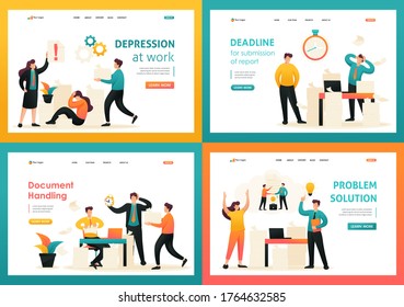 Flat 2D concepts Problem solution, Document Handling, Depression at work. Contract cancellation. For Landing page concepts and web design.