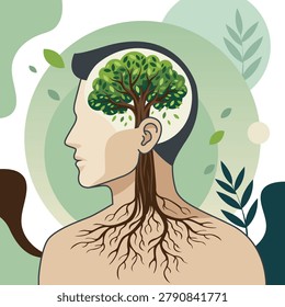 Flat 2D illustration of a human profile with a growing tree inside the brain and roots expanding to the chest. Creative concept for mental health, psychology, ecology, and personal development.