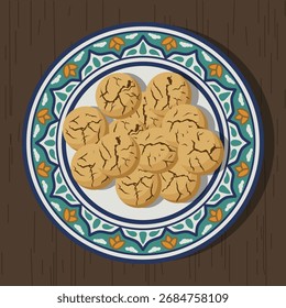 Ilustração 2D plana de biscoitos marroquinos Ghriba servidos em uma placa com padrões geométricos tradicionais do norte da África