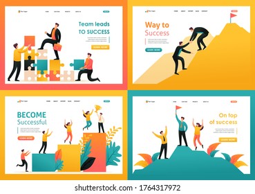 Flat 2D illustration on the topic of achieving success as a team, the path to success, teamwork. For Landing page concepts and web design