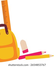 Flat 2D illustration of school bag with pencil and ruler, suitable for back-to-school and stationery-related design themes.