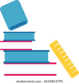  Flat 2D illustration of stacked books with pencil and ruler, representing school, study, and education in a clean minimal style.