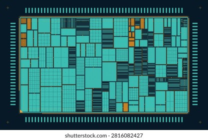 Flat 2D Micro Architecture Processor Die Layout Geometric Vector Pattern for Tech Design Backdrops
