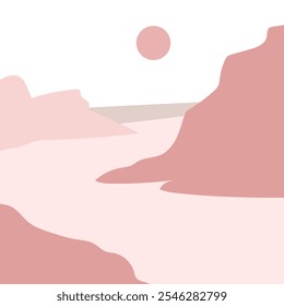 Uma ilustração plana e minimalista 2D de uma cena à beira-mar mostra rochas costeiras e a linha costeira no horizonte, todas banhadas na luz quente de um sol brilhante, renderizadas em cores pastel macias.