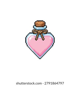 Flat 2D pixel art micro sprite of a heart shaped glass vial with pink rose extract isolated on a white background