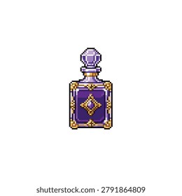 Flat 2D pixel art micro sprite of an ornate square glass decanter with purple extract isolated on a white background