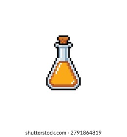 Flat 2D pixel art micro sprite of a triangular glass flask with amber extraction isolated on a white background