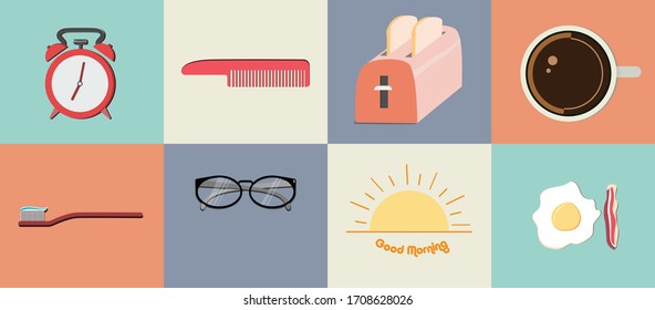 Flat 2D Vector, abstract morning icon background, creative illustration is breakfast symbol decoration graphic design and artwork, wake up conceptual.