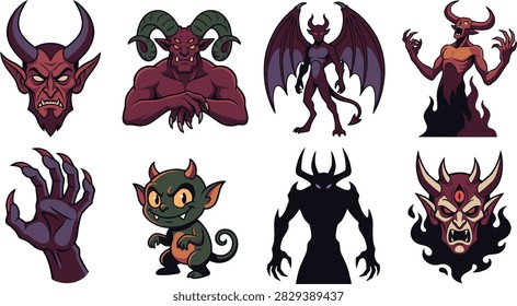 Flat 2D vector collection of authentic demon and infernal creature icons, featuring scary devils, horned beasts, and dark underworld monsters. Perfect for horror game UI, fantasy tabletop RPG designs, and spooky Halloween graphics.