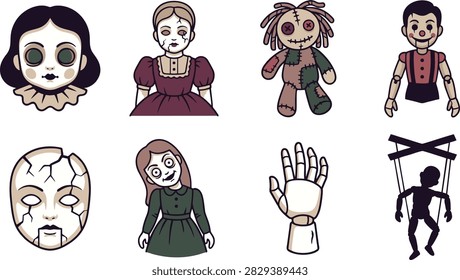 Flat 2D vector collection of creepy doll and haunted puppet icons, including scary marionettes, porcelain dolls, and ventriloquist dummies. Suitable for horror movie promotional materials, haunted attraction graphics, and spooky escape room themes.