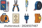 Flat 2D vector collection of electrical maintenance tools, featuring a multimeter, pliers, wire spool, and electrical plug. Suitable for electrician services, hardware store branding, and power engineering infographics.