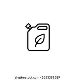 A flat 2D vector icon of a jerrycan. Features a leaf symbol on its side to represent biofuel or green fuel. An eco-friendly alternative energy source concept. 