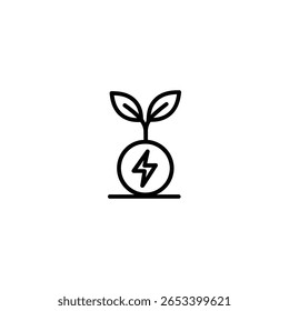 A flat 2D vector icon symbolizing financial growth from green energy. A plant grows from a coin that features a lightning bolt. Represents sustainable investment and eco-friendly economy.
