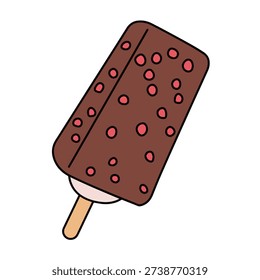 Flat 2D vector illustration of a chocolate popsicle featuring a rectangular brown bar decorated with pink circular sprinkles. Tilted slightly on a wooden stick and outlined with bold black lines, this minimalist cartoon design is centered on a white background with clean, shadow-free styling. Perfect for dessert branding, kids menus, summer campaigns, and sticker designs.