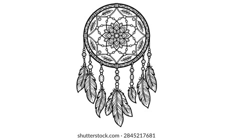 Flat 2D vector illustration of a dream catcher with detailed feathers and decorative beads. Boho tribal design, ideal for symbolic or spiritual concepts.