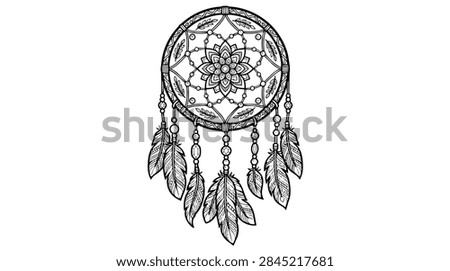 Flat 2D vector illustration of a dream catcher with detailed feathers and decorative beads. Boho tribal design, ideal for symbolic or spiritual concepts.