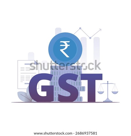 Flat 2D vector illustration of GST concept with tax return forms, business team, calculator, and financial analysis on screen
