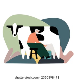 Flat 2D vector illustration of an old man with a cow, agriculture concept