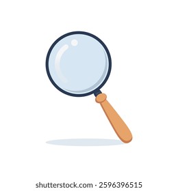 Flat 2D vector magnifying glass with smooth wooden handle and shining glass. isolated in white background. Ideal for illustrations.
