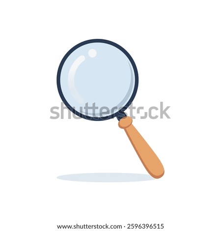 Flat 2D vector magnifying glass with smooth wooden handle and shining glass. isolated in white background. Ideal for illustrations.