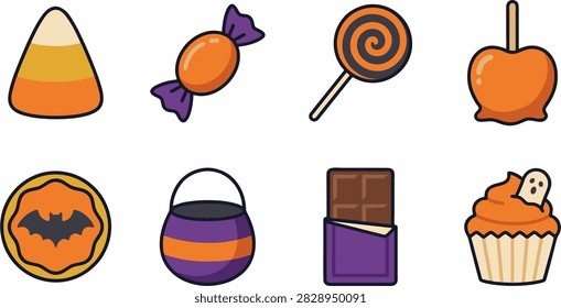 Flat 2D vector set of Halloween candy and treat icons, including candy corn, caramel apples, lollipops, and trick-or-treat buckets. Perfect for sweet shop seasonal marketing and children's holiday graphics.