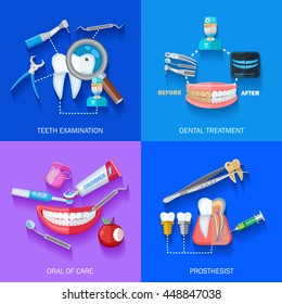 Flat 2x dentist icons set with teeth examination dental treatment care and prosthesis isolated vector illustration