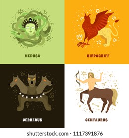 Flat 2x2 design concept with mythical creatures such as medusa hippogriff centaurus and cerberus isolated vector illustration
